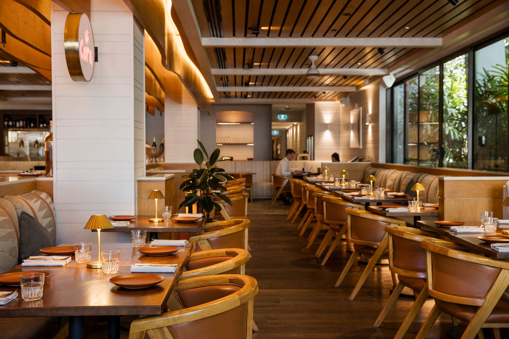 Modern coastal interior design of CORA Restaurant inside The Beach Hotel Broadbeach.