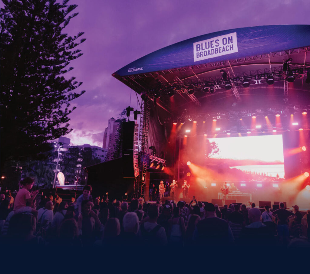 Blues on Broadbeach 2026 live music festival on the Gold Coast, featuring outdoor stages, crowds, and vibrant street performances in Broadbeach