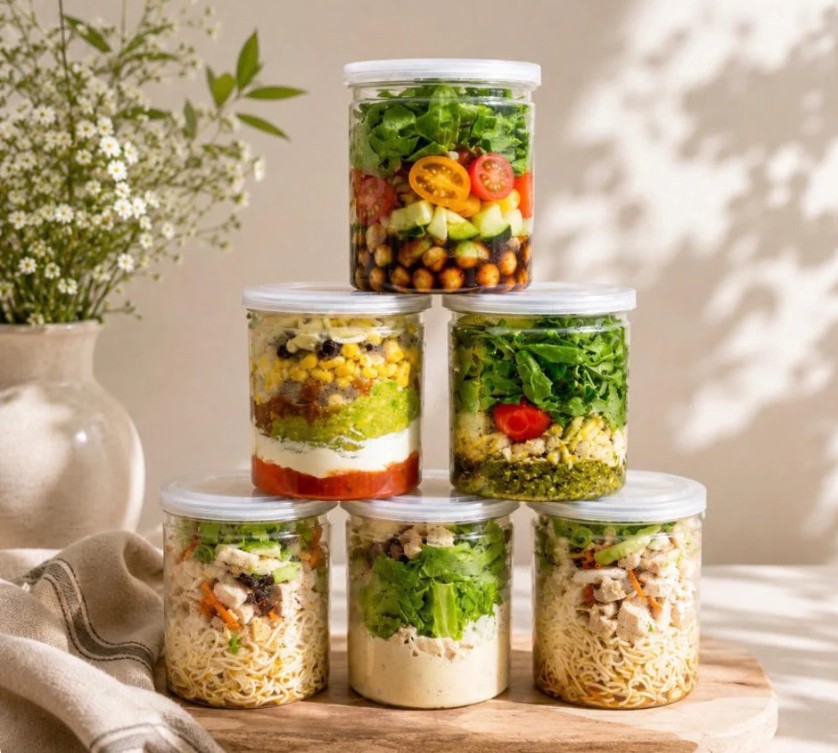Assortment of Pretty Little Bites by Nosh & Nibble including fresh salads, savoury jars, sweet dessert pots, mousse cups, breakfast bites, and smoothie sips, beautifully presented with vibrant colours and premium ingredients.”