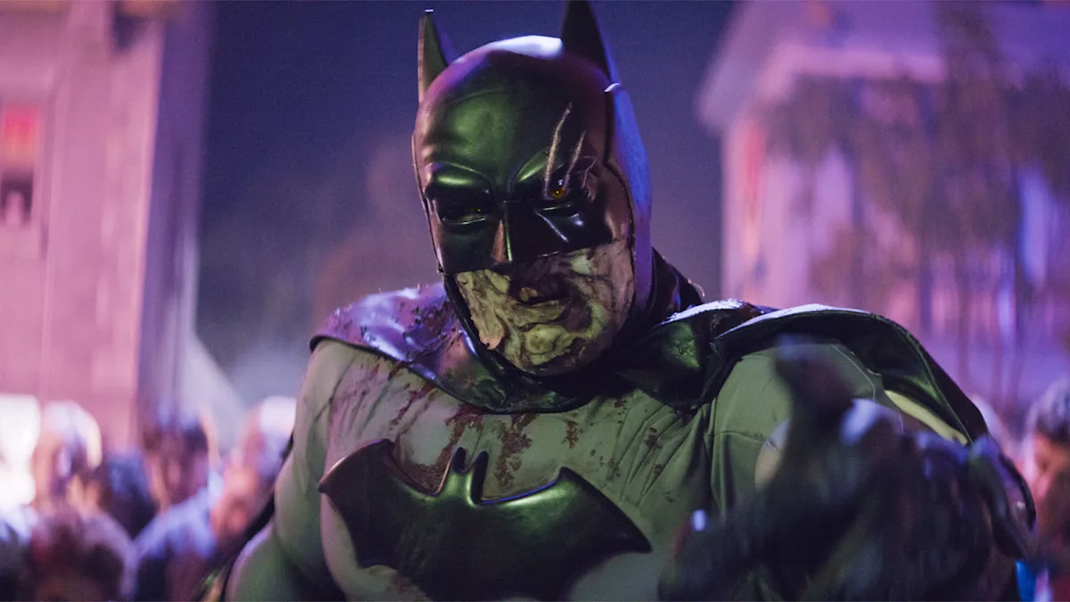 Twisted zombie Batman character from Fright Nights DCeased maze