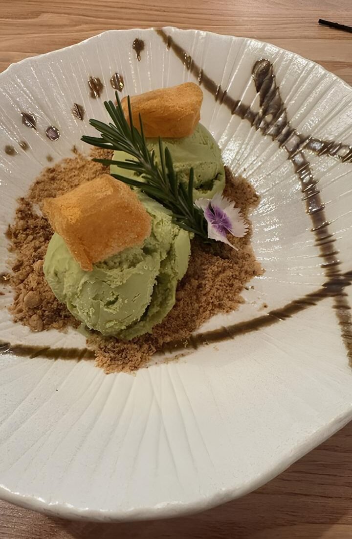 Green tea ice cream with mochi and white chocolate crumble at Oatz Bistro Bar Southport