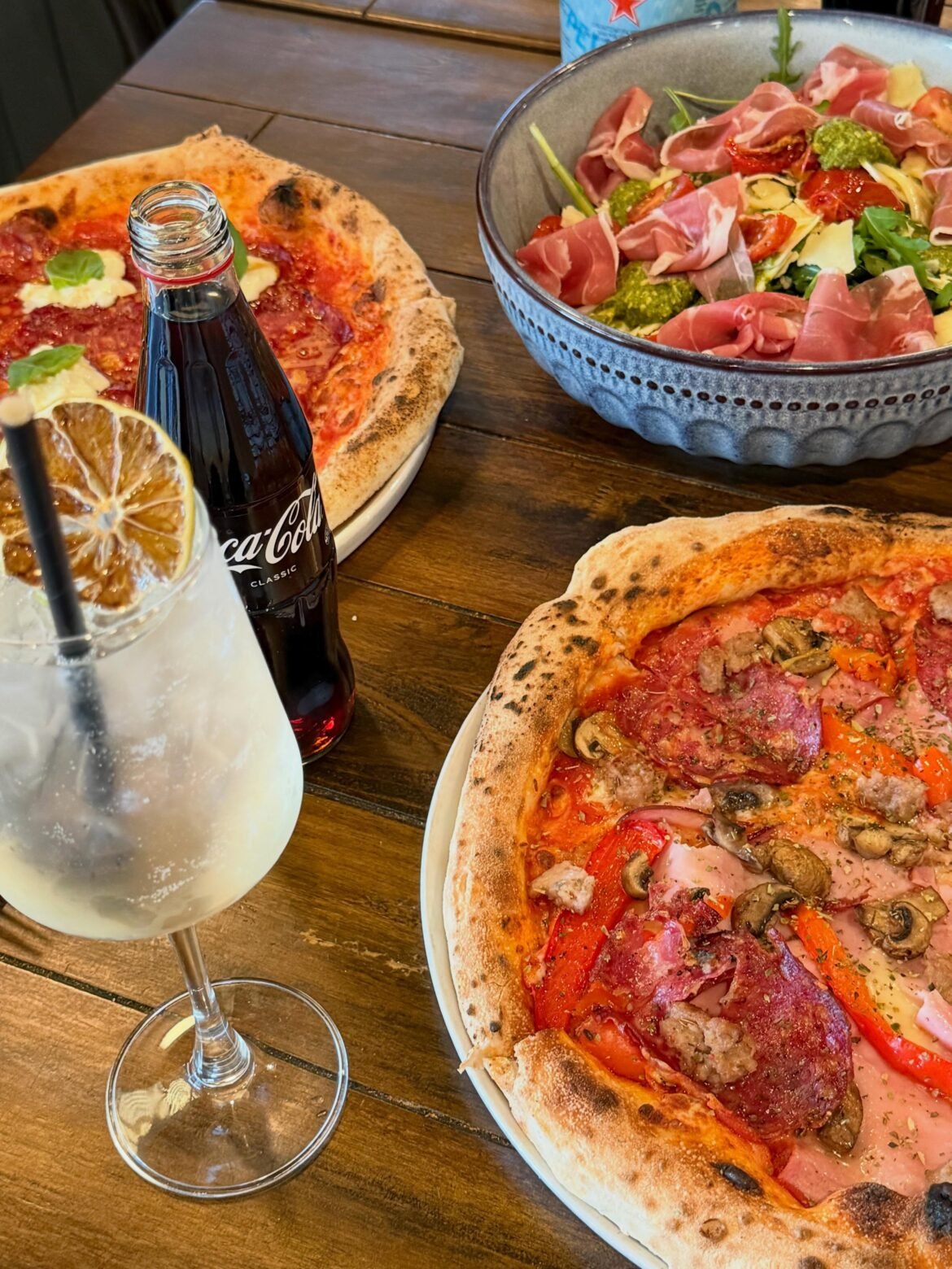 Salad and wood-fired pizza at Sapori Italian restaurant, Gold Coast