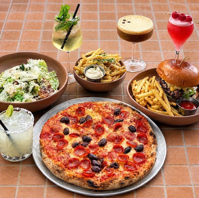 Wood-fired pizza and pub classics served at Salt Nobby Beach, Gold Coast